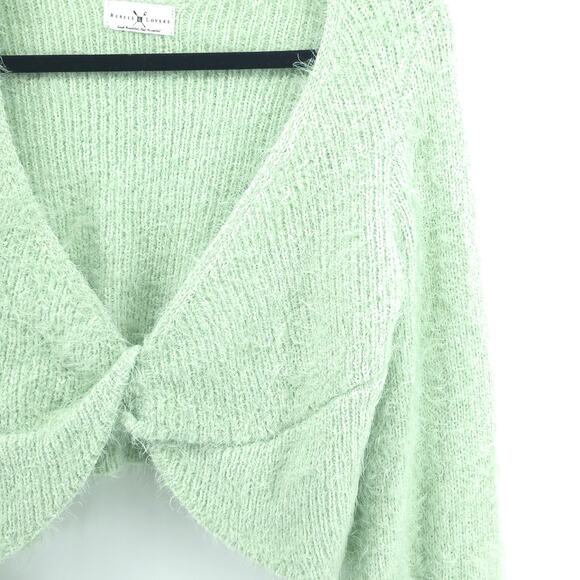 Rebels&Lovers V Neck Fuzzy Twisted Crop Green Eyelash Knit Sweater BellSleeve L - Picture 3 of 13